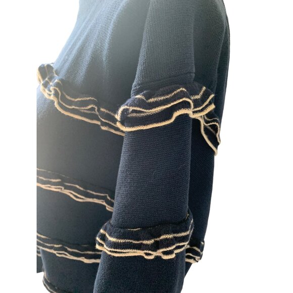 π 2/$30 π J.Crew Small Navy Blue with White Ruffle Short Sleeve Sweater - Picture 3 of 6